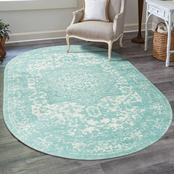 Unique Loom Richmond Collection Area Rug - Medallion (3' 3" x 5' 3" Oval Aqua/Ivory)