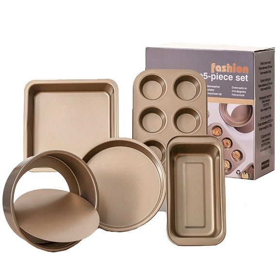 MindyLLL 5-Piece Golden Baking Set | Non-Stick Carbon Steel Cookie Sheet, Pizza Pan, Loaf Pan, Square Pan & Muffin Tin | Oven to Table Serveware
