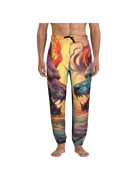 Colorful Wave Dragon Head Print Active Tech Joggers for Men, Mens Sweatpants Lounge Pants with Pockets-Large
