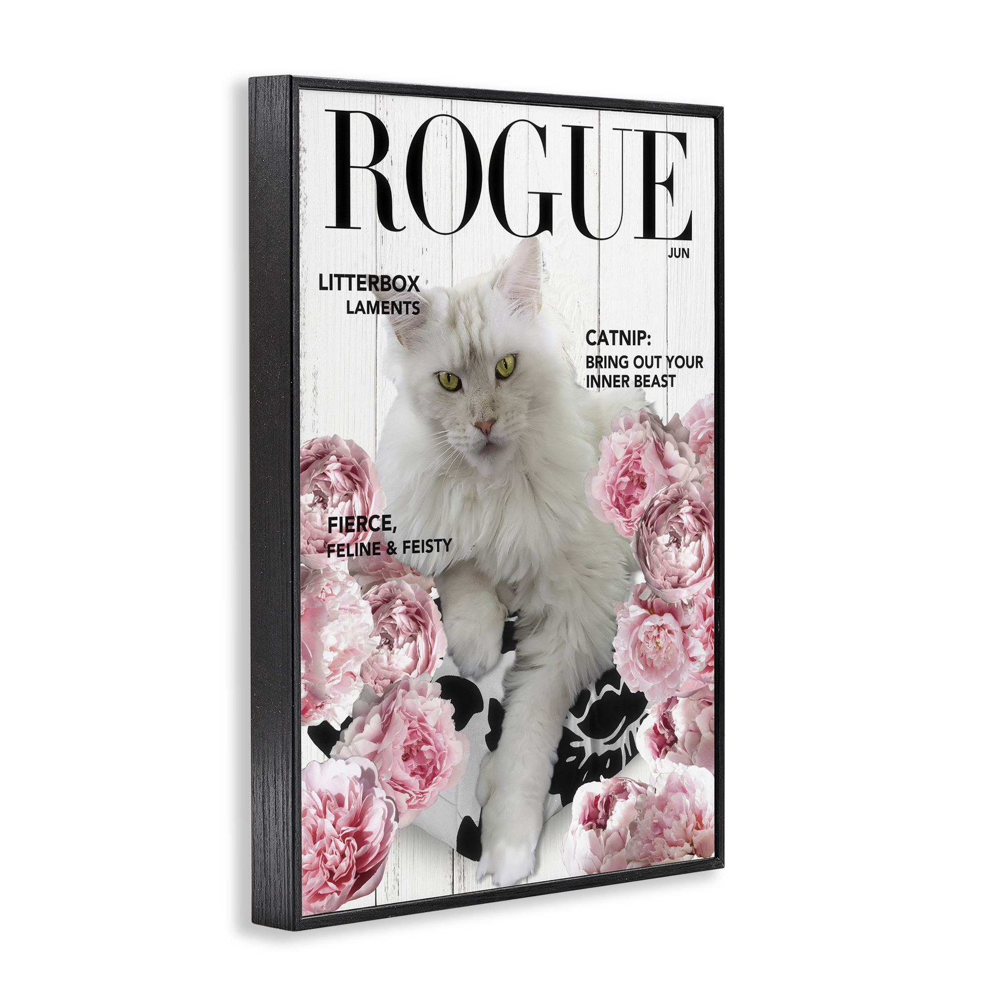 Funny Floral Cat Magazine Black Framed Giclee Art, design by Sasha