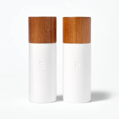 Ceramic Salt and Pepper Grinder Set Cream - Wood & Stoneware, 6.25" Height, 55 Volume Capacity, 2-Piece Set