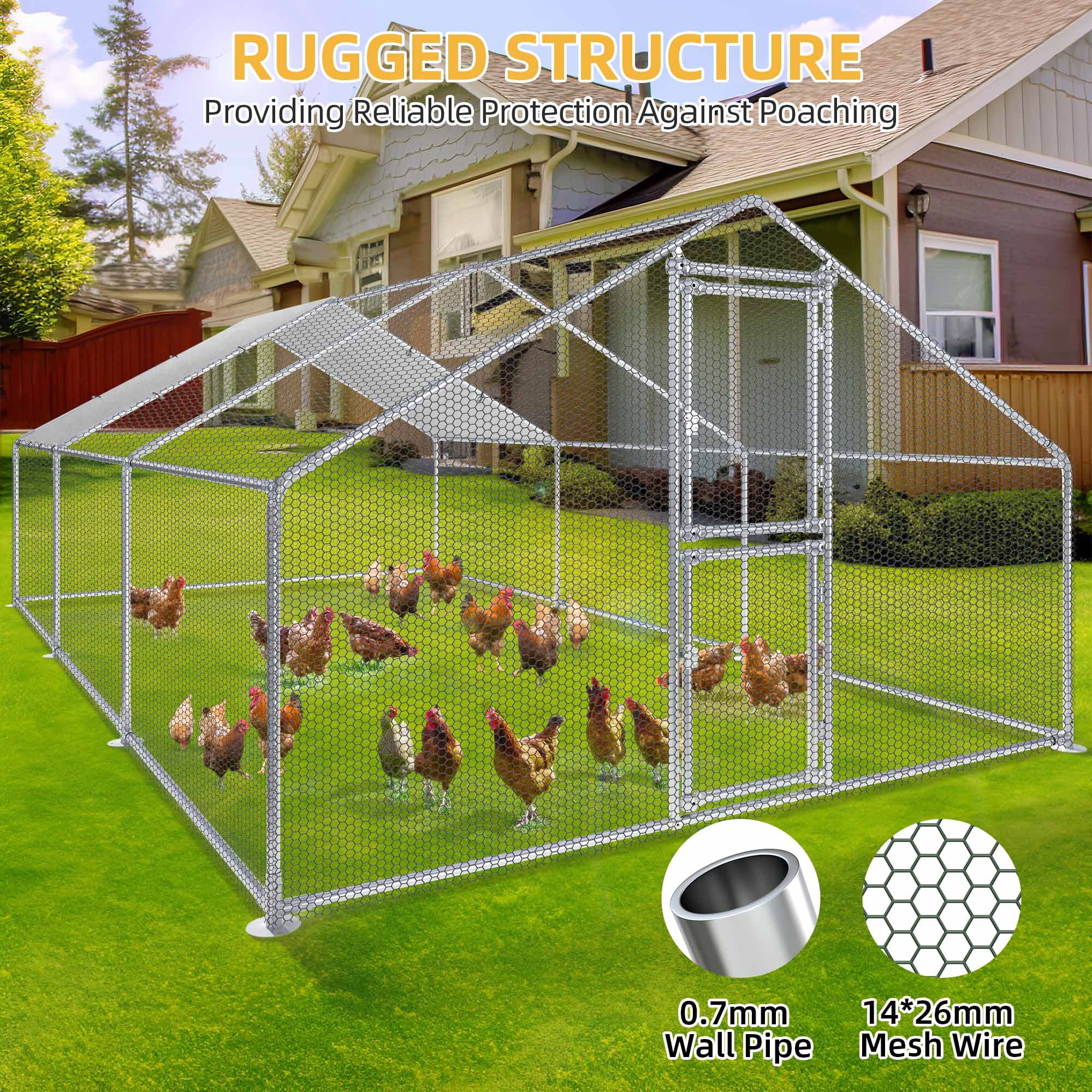Dextrus Extra Large Metal Chicken Coop Walkin Poultry Cage Hen Run House Rabbits Habitat Cage Spire Shaped Coops - 19.7 x 9.8 x 6.4 ft