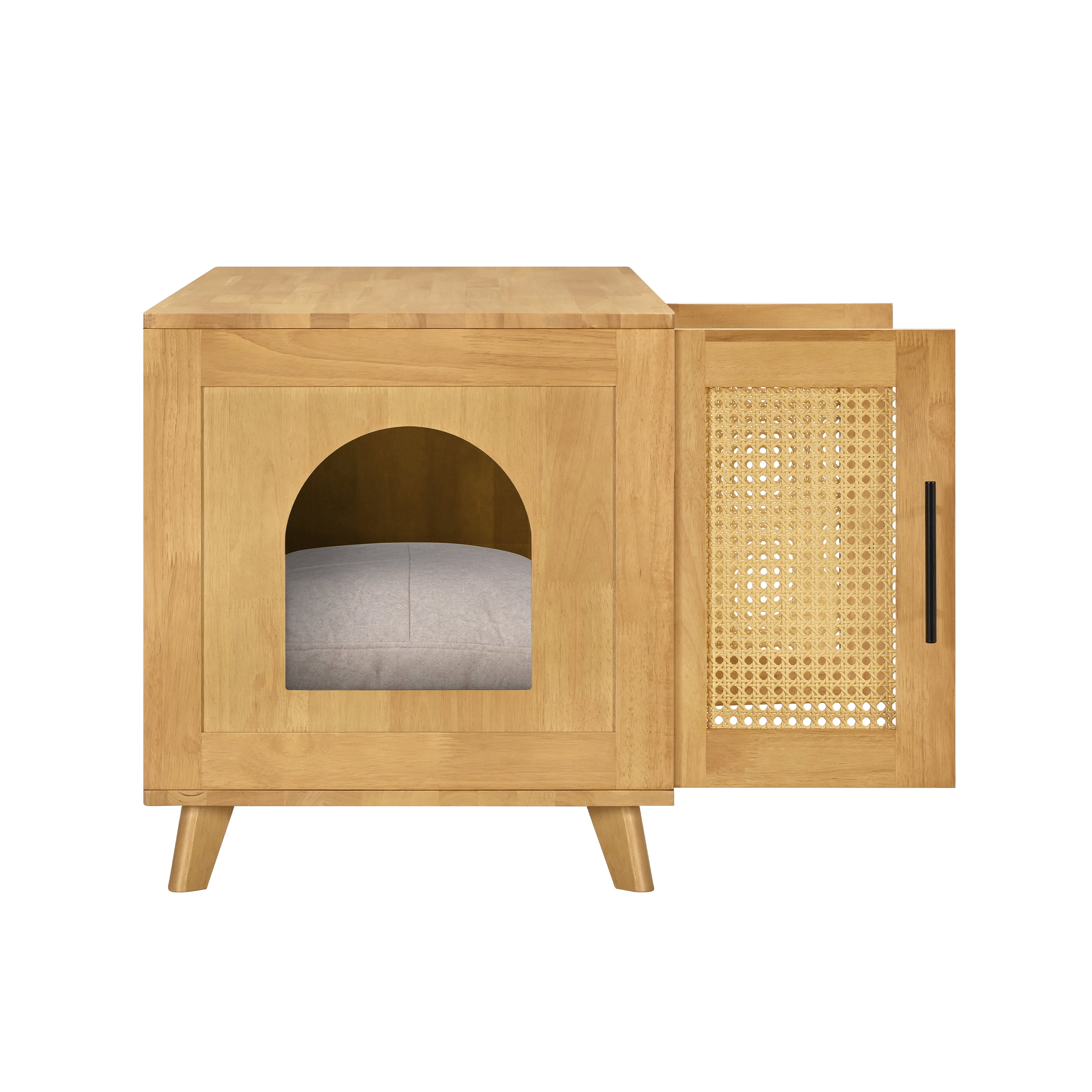 Indoor Rubber Wood Cat Cabinet with Plush Cushion, Hidden Pet Furniture for Modern Living Spaces