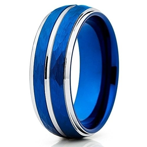 Hammered Blue Tungsten Ring Brushed Finish 8mm Blue Tungsten Band Comfort Fit