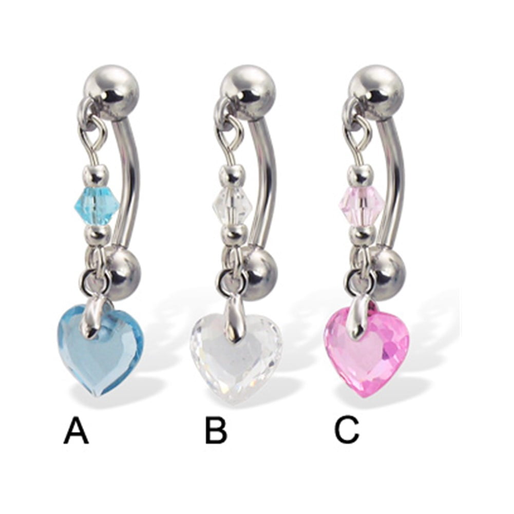 Reversed Belly Button Ring With Dangling HeartShaped Stone,Aquamarine