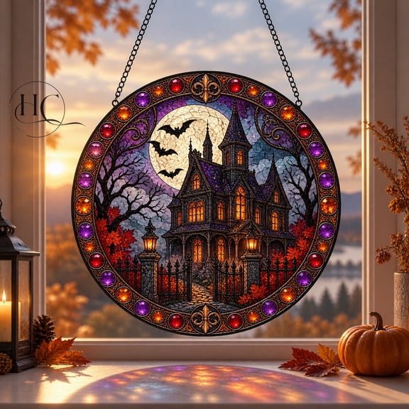 Faux Stained Glass Window Hanging Suncatcher, Victorian Haunted House Full Moon Bats for Halloween Lovers