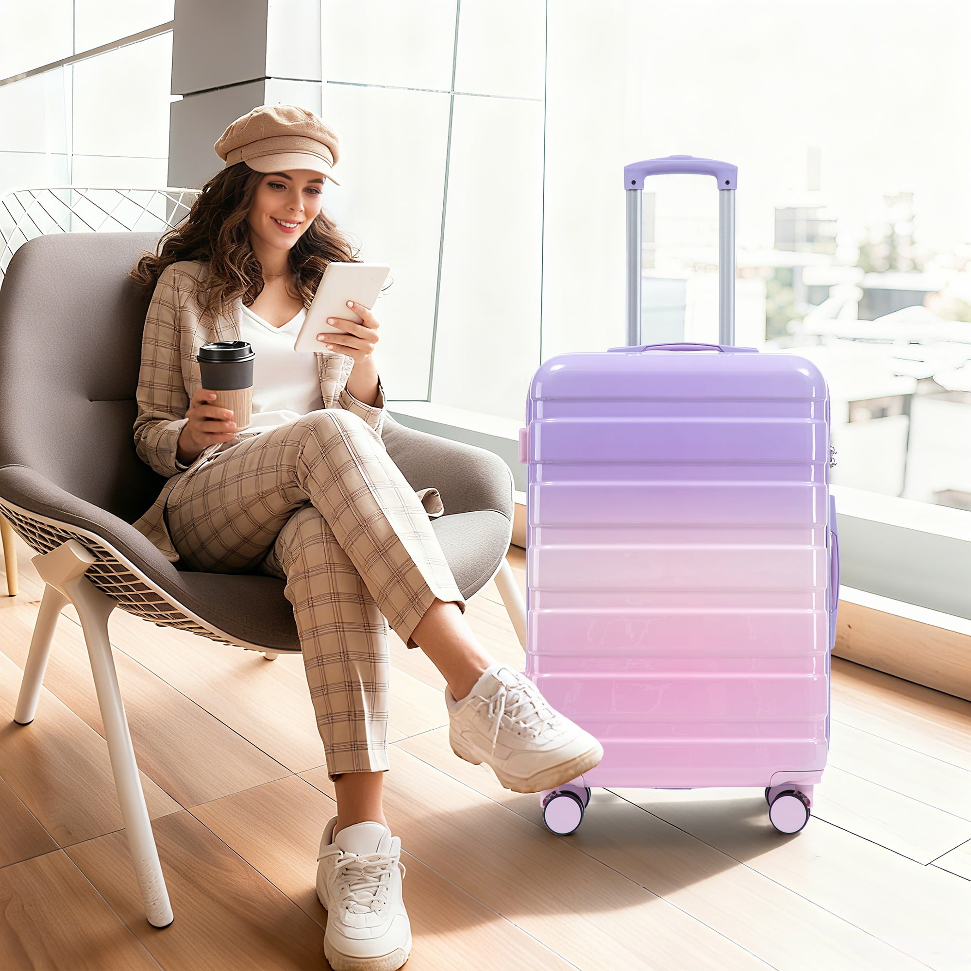 3-Piece PC Spinner Wheel Luggage Set with Gradient Color & Combination Lock, Carry-On Suitcase, Purple