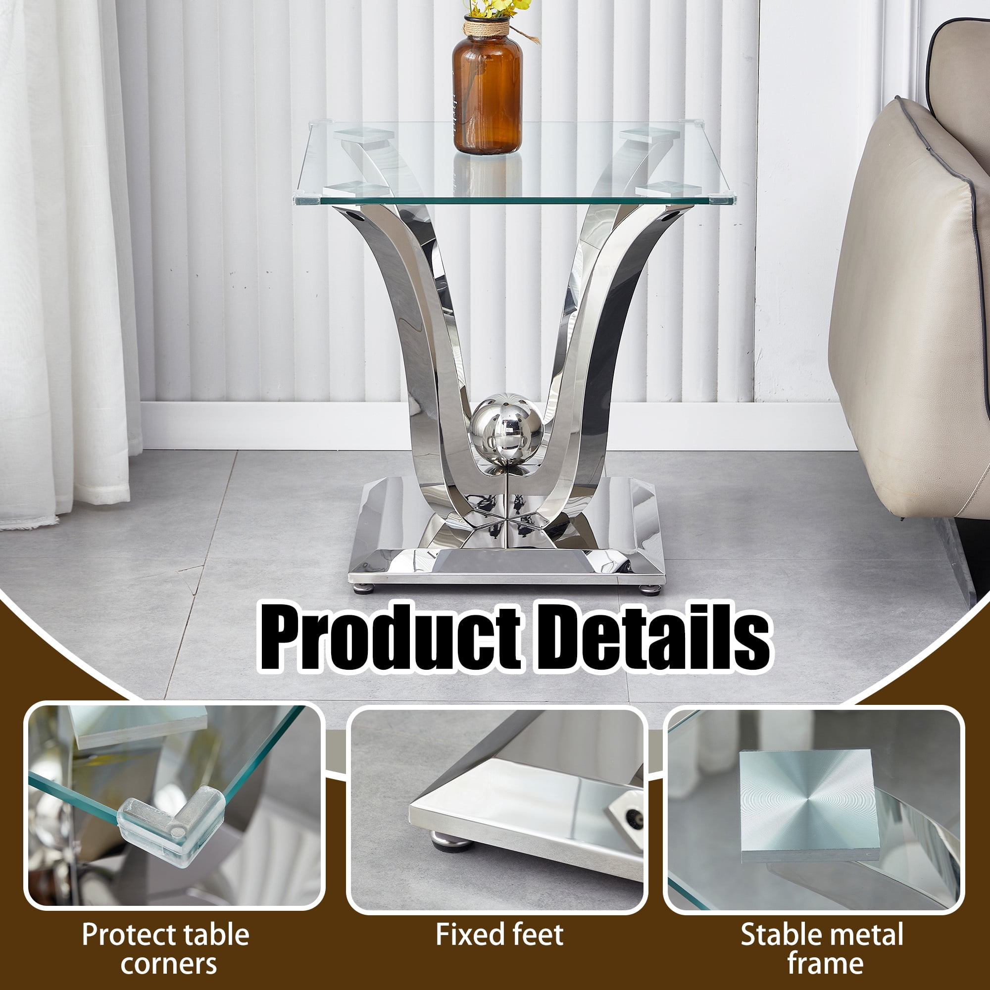 23.62" Square Glass End Table with Tempered Glass Top and Modern U-Shaped Stainless Steel Base, Perfect for Living Room and Bedroom