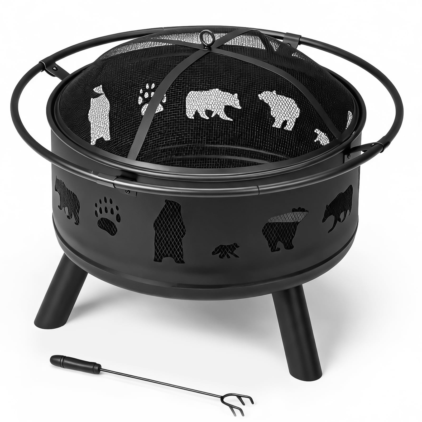 30 Inch Round Outdoor Wood Burning Fire Pit, Heavy Duty Wrought Iron Firepit with Hinged Spark Screen Lid & Lift Ring, Decorative Bear Cutout Patio Fire Pit for Backyard, Garden, Lawn and Camping