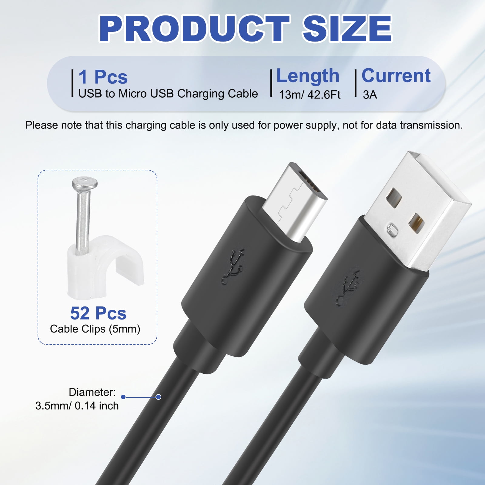 Uxcell 42.6Ft USB to Micro USB Power Extension Cable, Long Charging Cord, Black