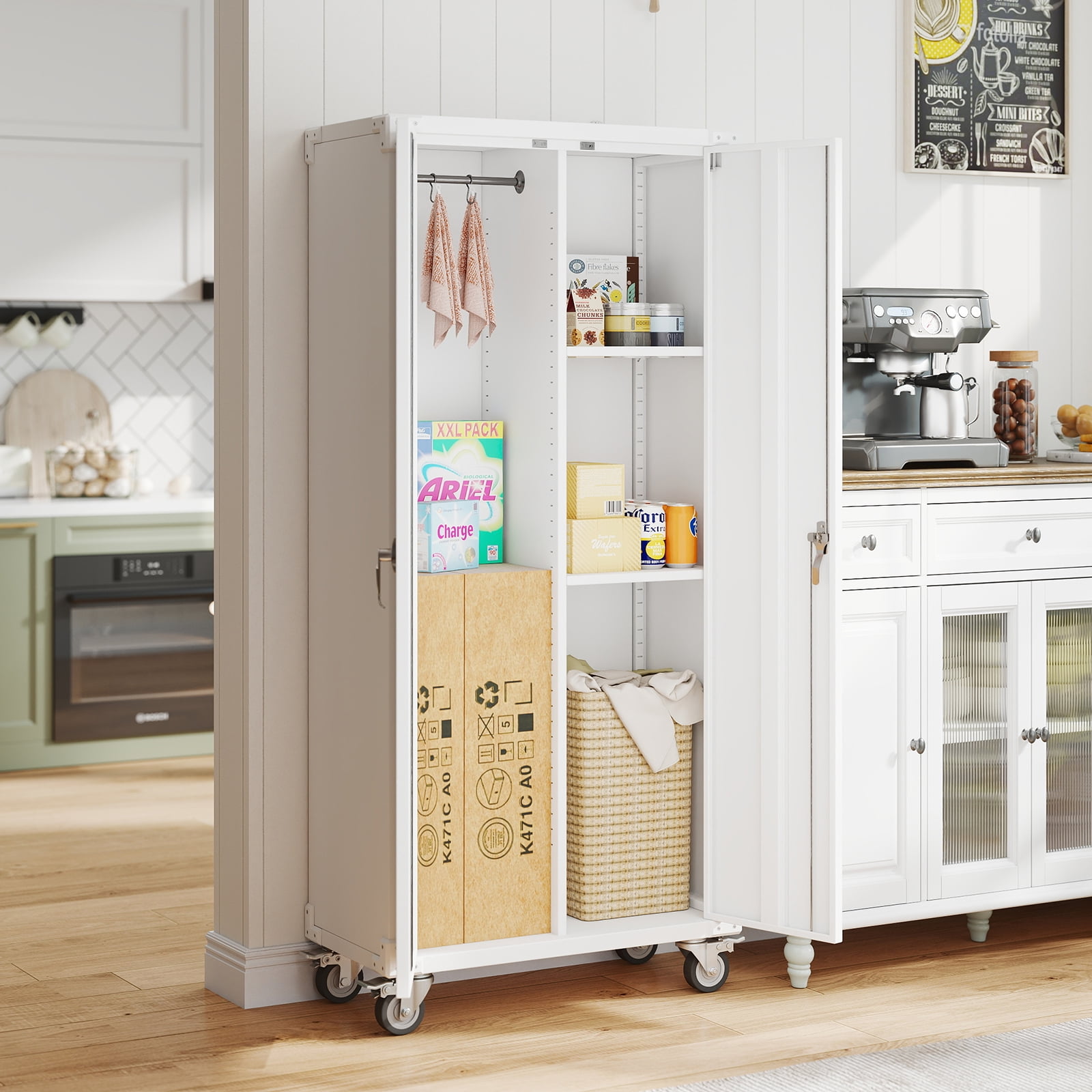 MCQ Metal Broom Storage Cabinet with Lock, Rolling Cleaning Tool Organizer for Mop, Dustpan, Garage, Laundry Room, 4 Lockable Casters, Easy Assembly