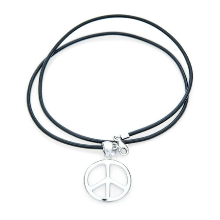 Bling Jewelry Unisex Men s Peace Sign Pendant Necklace Black Leather Cord Sterling Silver 18 Inch