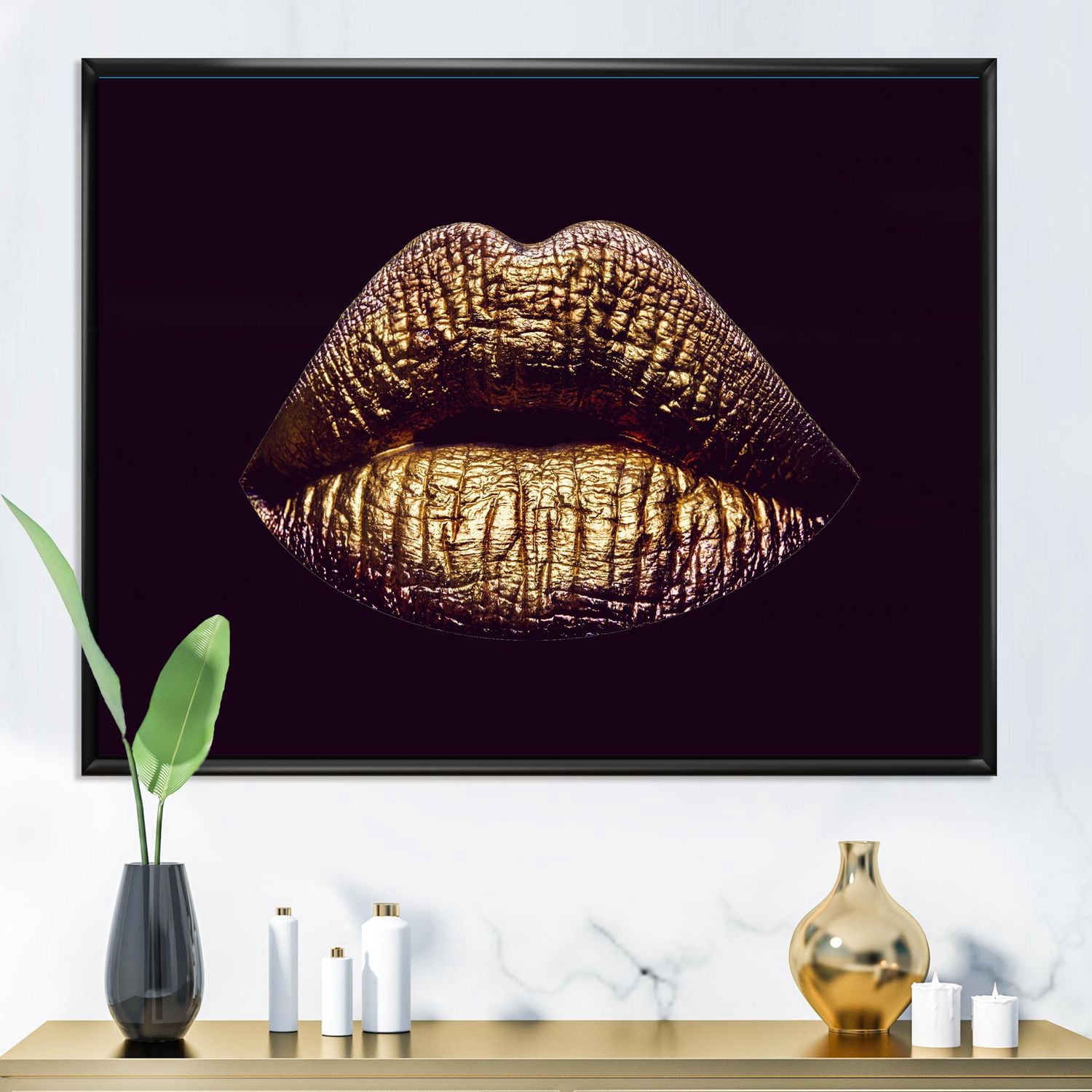 Designart Sexy Golden Metallized Female Lips II FLOAT FRAME WALL ART