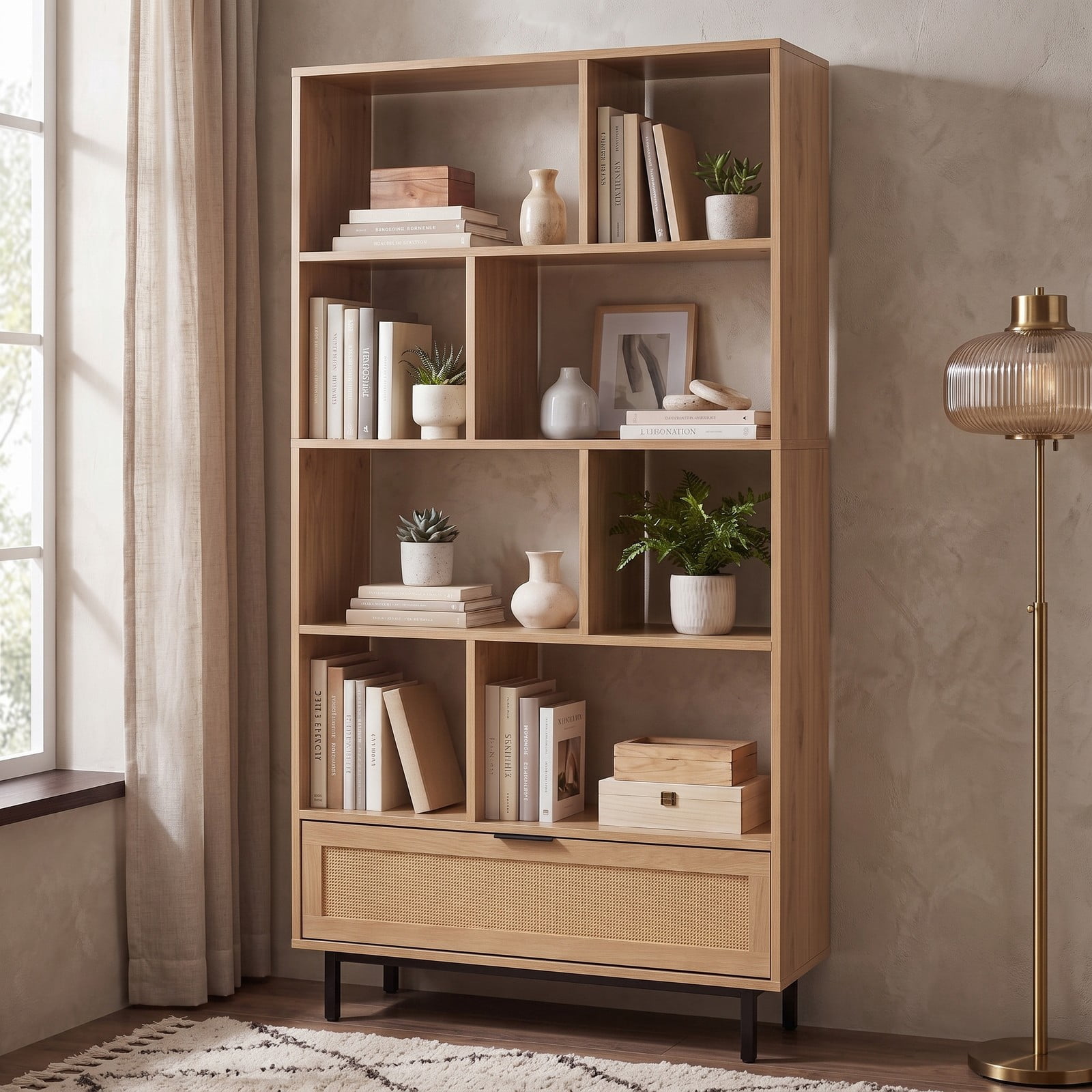 Furnibear 64 inch 6-Tier Tall Wooden Bookcase with 8 Open Cubes and Drawer, Freestanding Cube Storage Bookshelf with Rattan Accents and Anti-Tip Kit for, Natural