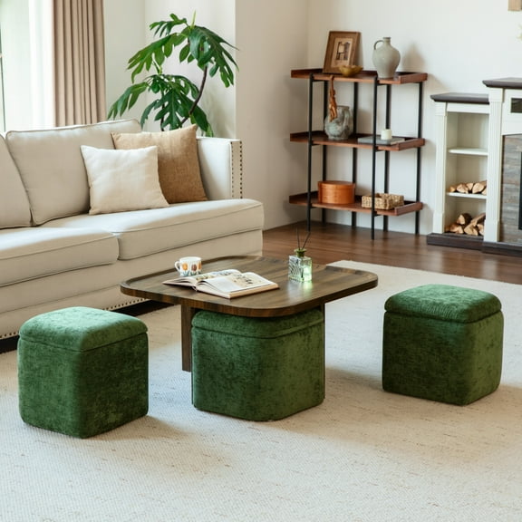 CHIC HOUSE Small Coffee Table for Living Room Table, Wood Coffee Table Set with 4 Storage Stools Underneath, Mid-Century Square Coffee Table with Chenille Storage Ottoman, Walnut & Green