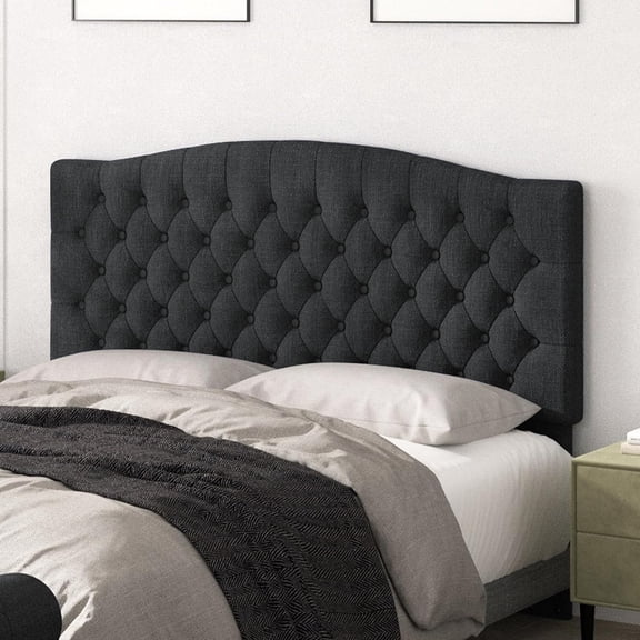 MISSUNNY Queen/Full Upholstered Headboard, Wall Mounted Tufted Linen Head Board w/Solid Wood Legs for Adjustable Bed, Dark Gray