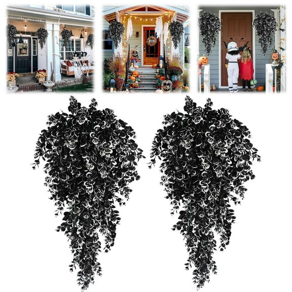 Halloween Decor - Household Imitation - 2X Black and White Upside-Down Tree Wreath - Halloween Artificial Flowers Black Hanging Plants Wreath Used for Halloween Interior Decoration Room Decoration