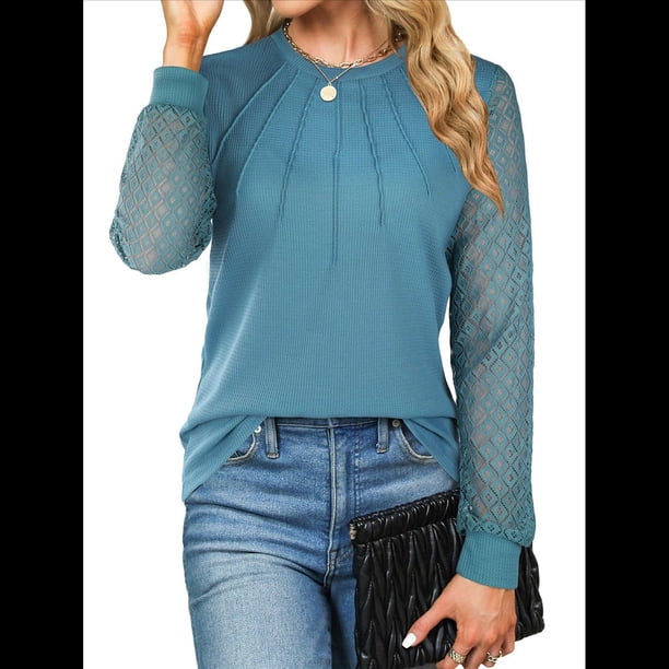 Blusas de Punto Gofre para Mujer, Blusas Elegantes Informales de Negocios, Camisas de Trabajo de Larga con Encaje, Ropa de Otoño. Azul Pavo Real L