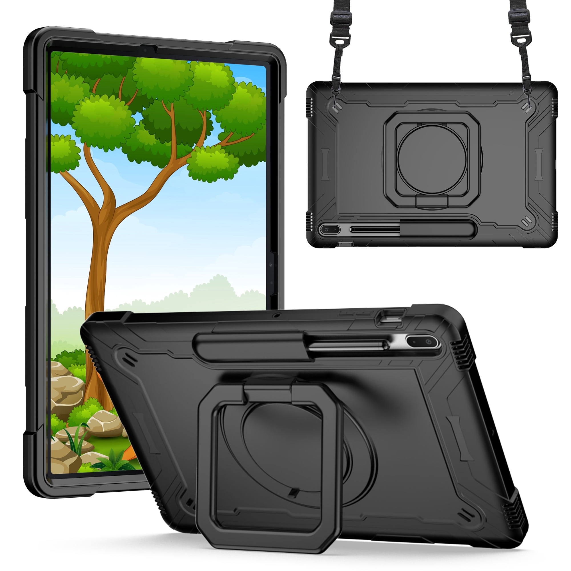 Shockproof Handle Case for (12.4 Inch) Samsung Galaxy Tab S7 FE (SM-T730/T736B) and Galaxy Tab S7 Plus (SM-T970), Drop Proof 360 Degree Rotating Stand Cover Case with Shoulder Strap (Black)