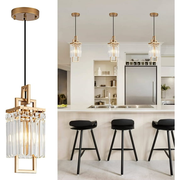 Modern Gold Pendant Light Fixtures for Kitchen Island and Dining Room, Industrial Small Hanging Crystal Chandelier Light Fixture for Bedroom Entryway Living Room Foyer Hallway