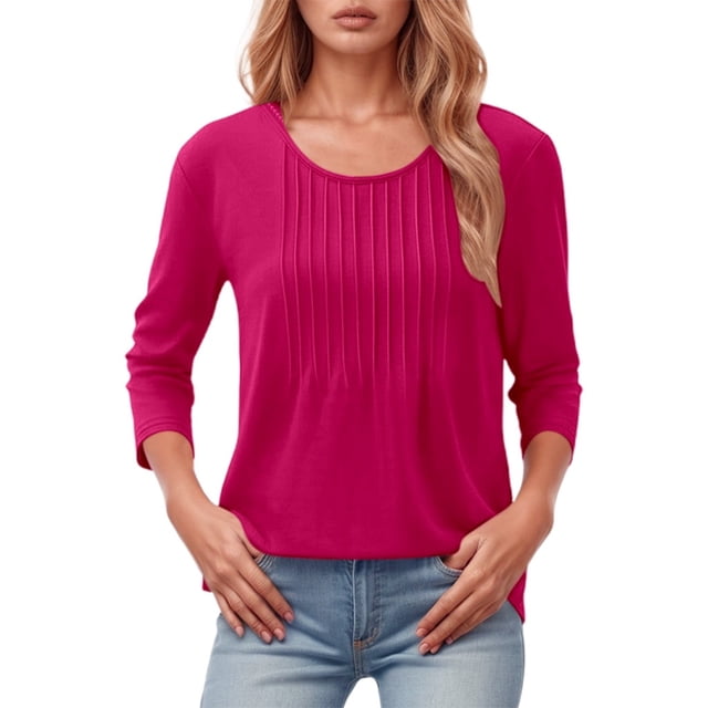UANWENN Haut Plissé à Manches Longues Mode Décontractée Col Rond Bas pour Femmes Chemises à Manches Longues Fines T-Shirt Raglan Décontracté