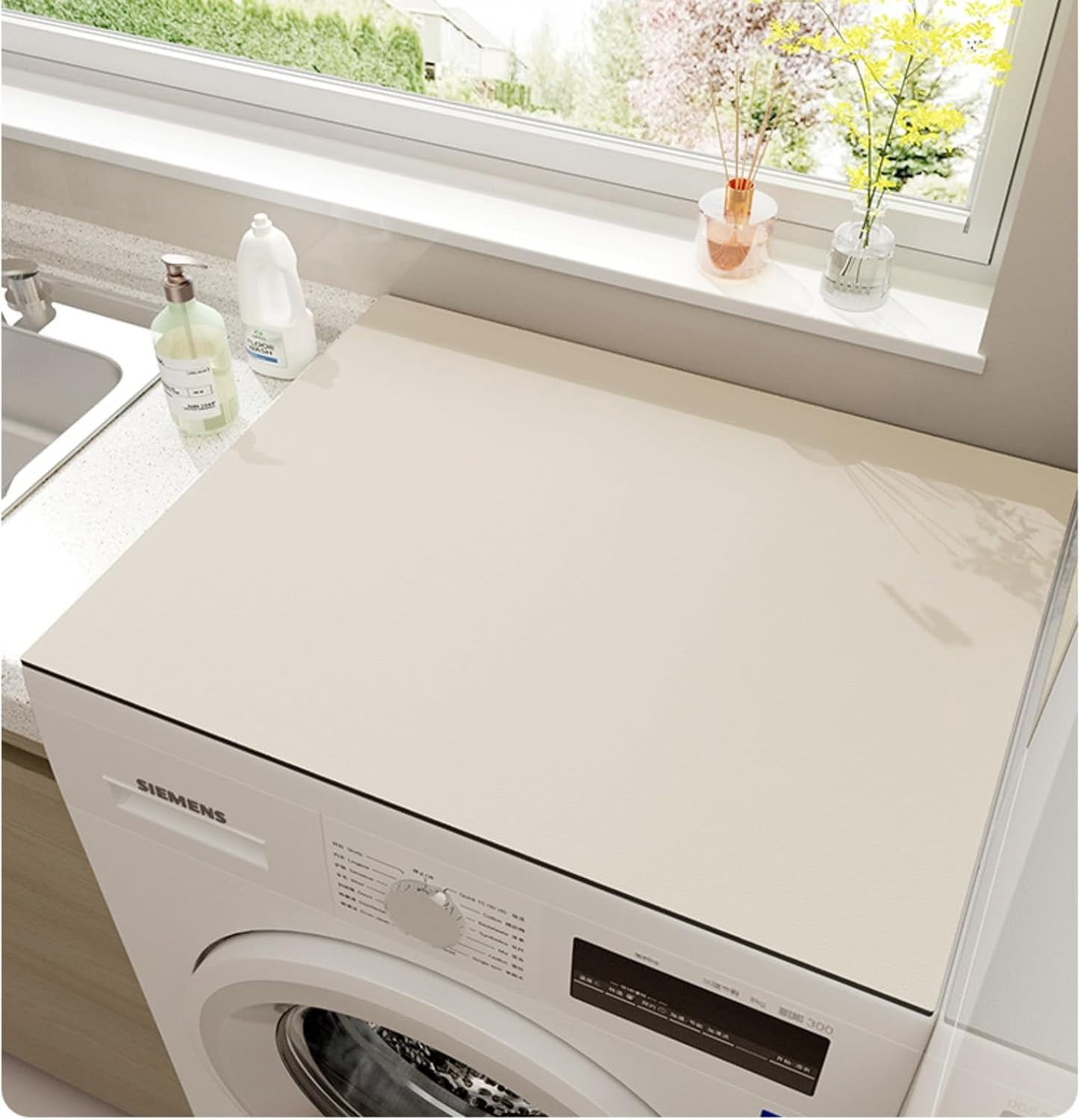 24"x24" Washer Dryer Cover - Non-Slip Washing Machine Top Mat, Cut-to-Fit Laundry Machine Protector for Kitchen/Home, Absorbent Quick-Dry Pad (Ivory, 24''x24'')