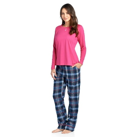 Ashford & Brooks Womens Cotton Long-Sleeve Top and Flannel Bottom Pajama Set - Navy/blue - (Best Womens Cotton Pajamas)