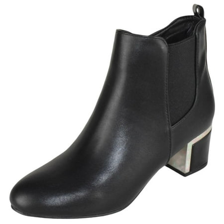 Forever Women Ankle Boots Medium Block Heels Side Zipper elastic Booties Almond Toe Metal Silver Accent ESTHER-06 Black 8.5
