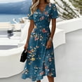 thumbnail image 2 of Midi Dresses for Women Casual Plus Size Wrap V Neck Floral Print Tunic Dress High Waist A-Line Swing Sundress, 2 of 5