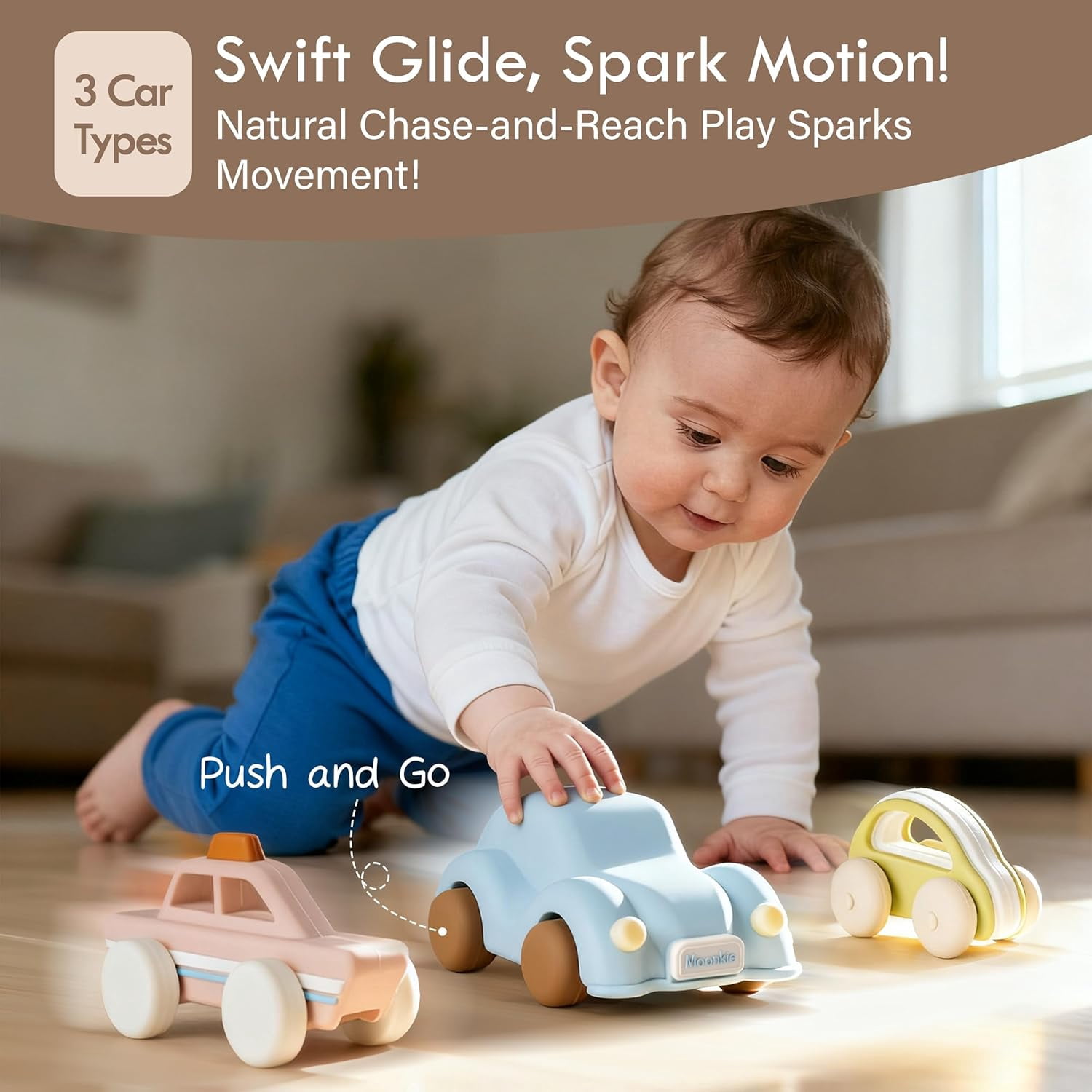 Moonkie Food Grade Silicone Toy Cars for Toddlers 1-3, Push and Go Baby Car Toys 6-12 Months+, One-Piece Design Infant Toys, Birthday Gifts for 1 Year Old Boy Girl, Easy to Clean & Grasp, 3 Pack
