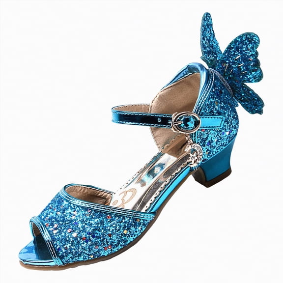JUMEYU Girl Sandals Girls Sandals Low Heels Dress Pump Ankle Strap Open Toe Flower Girl Party for Toddler Little Big Kid Size 11.5 (Blue,Little Kids 11.5)