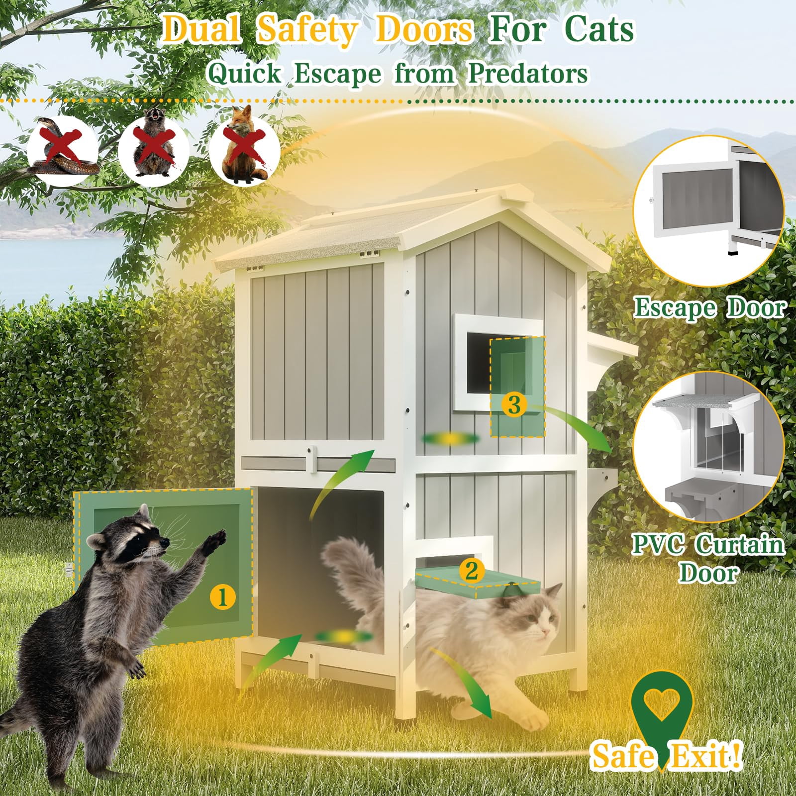 PETSCOSSET Outdoor Cat House, Two-Story Wooden Feral Cat Shelter with Openable Roof, Escape Door