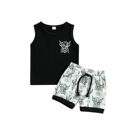 

Suanret Toddler Baby Boys Summer Clothes Outfits Cow Head Print Sleeveless Tank Tops Elastic Waist Shorts 2Pcs Suit Black 12-18 Months