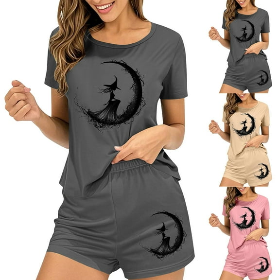 Feancey Cute Pajama Sets for Women Halloween Witch Print Pjs Shorts Set Short Sleeve Crewneck Sleepwear Holiday Casual Loungewear 2 Piece Outfits Pink L