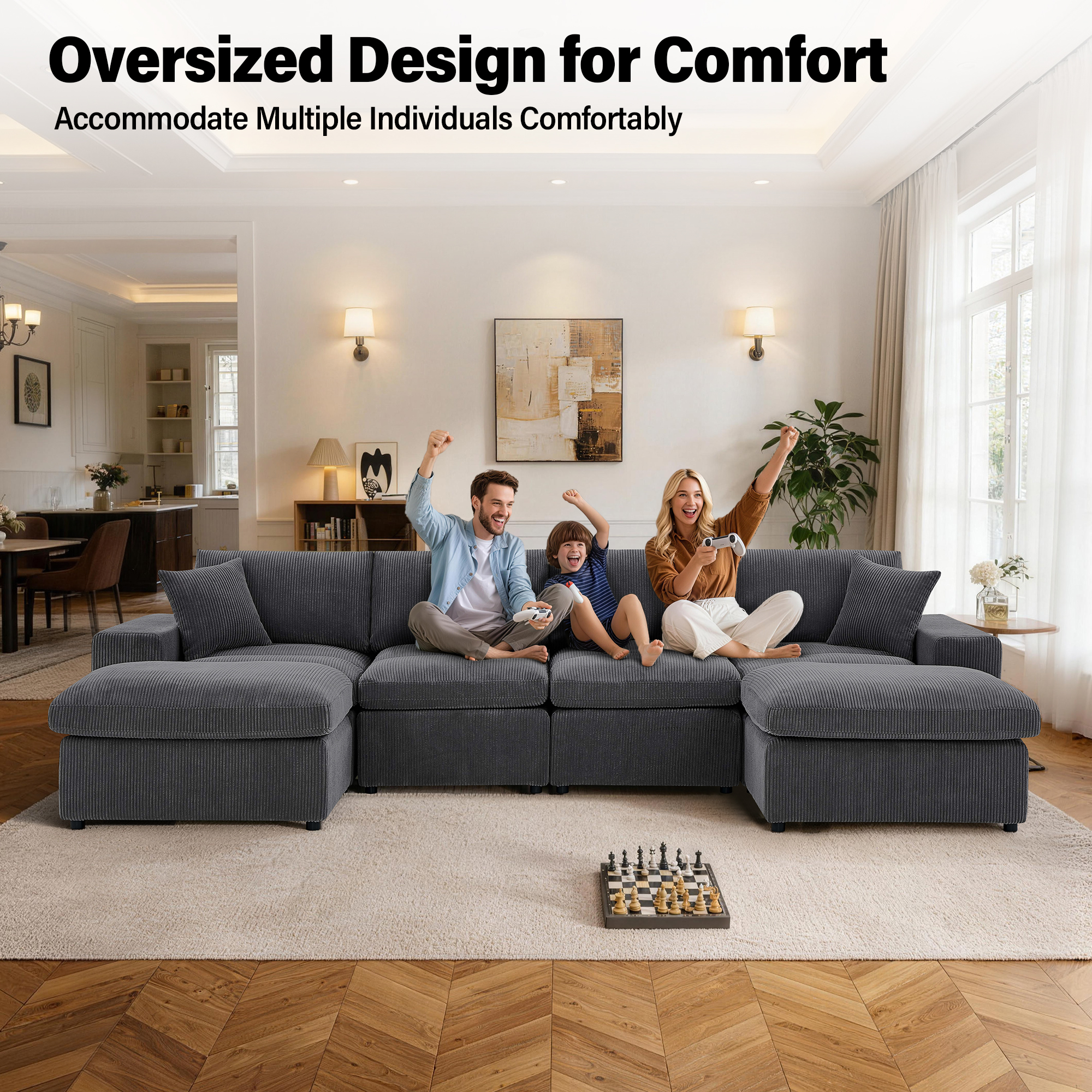 AENKYO U-Shaped Modular Sectional Sofa, Deep Seat Convertible Couch with Chaise for Living Room,Dark Gray