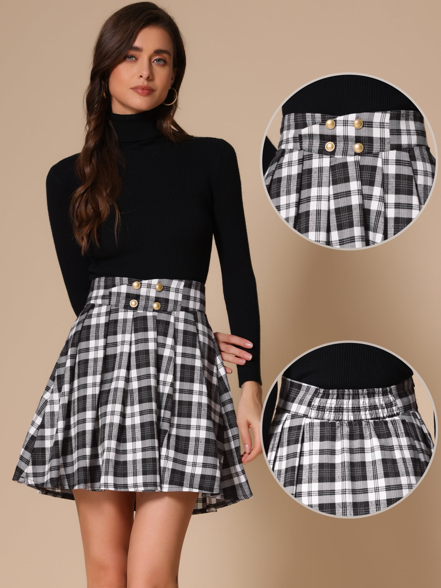 DARING DIVA Women's Plaid Tartan A-Line Buffalo Pleated Skirts M Black White