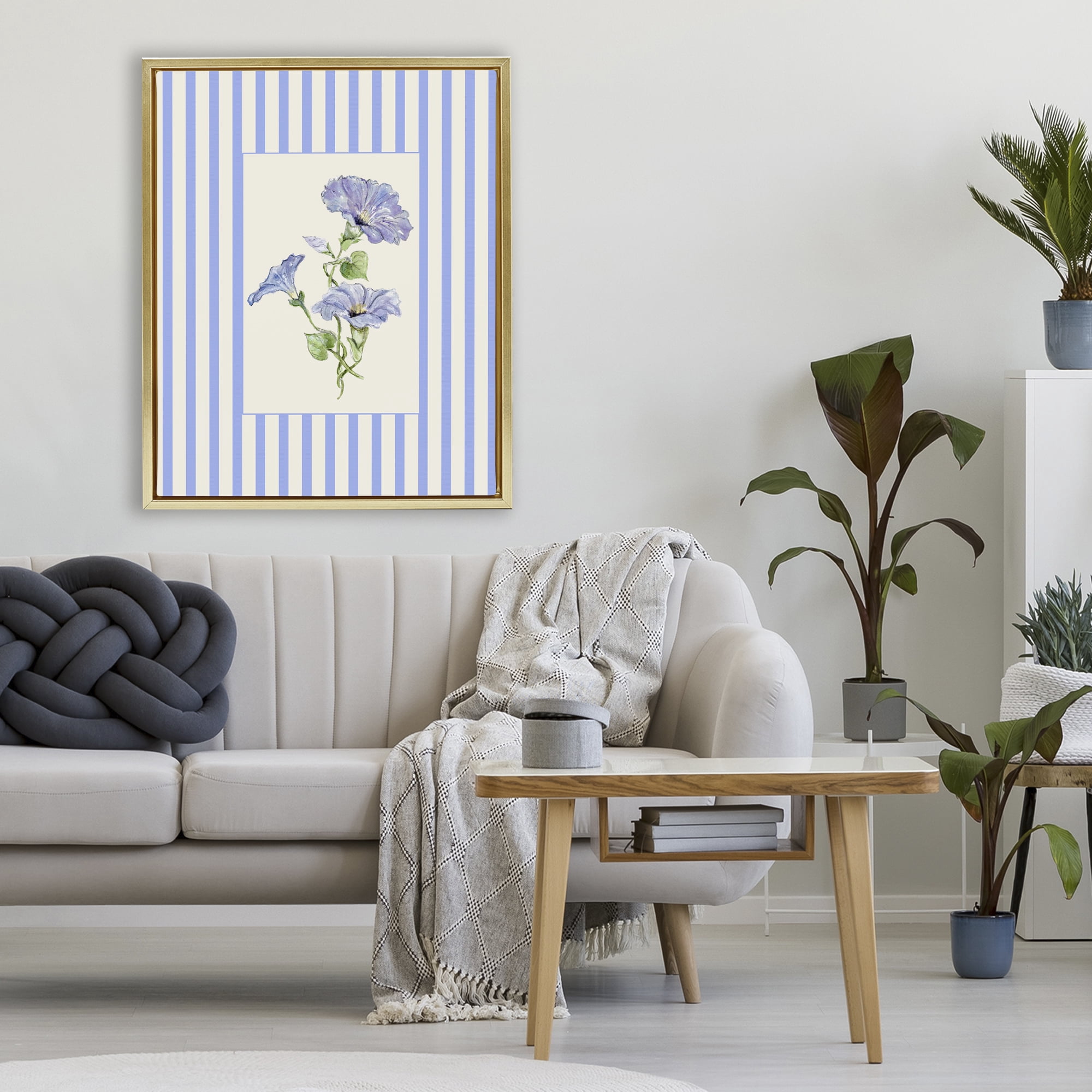 Blue Stripe Morning Glory Gold Framed Floater Canvas Wall Art, design by Lisa Wehmeyer