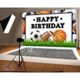 thumbnail image 3 of Sports Theme Happy Birthday Backdrop Boys Soccer Basketball Baseball Kids Rugby Stadium Game Lawn Sports Theme Birthday Background Portrait Party Cake Table Photo Studio Booth Prop, 3 of 4
