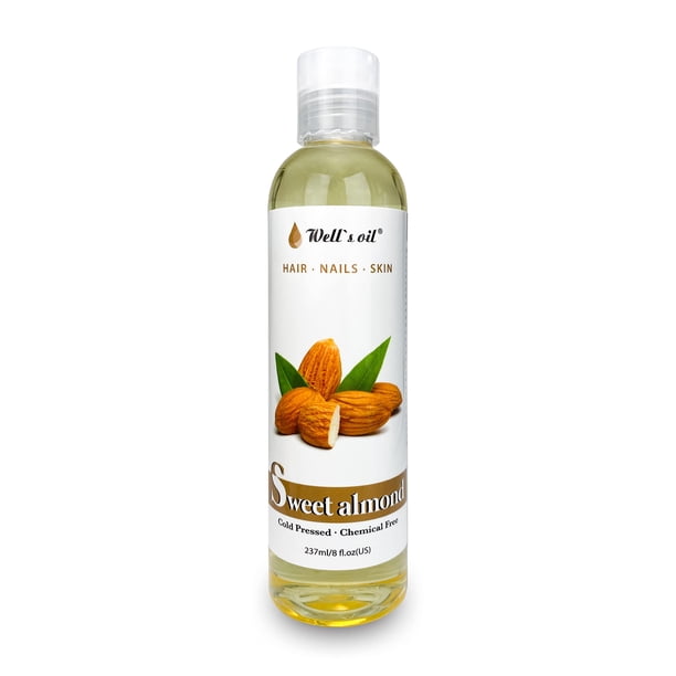 Aceite de almendras dulces puro para cabello y piel de Well's | Aceite portador natural | Para el crecimiento de pestañas y cejas | Hidratar Fortalecer Cabello Piel y Uñas | Prensado en frío 8 onzas