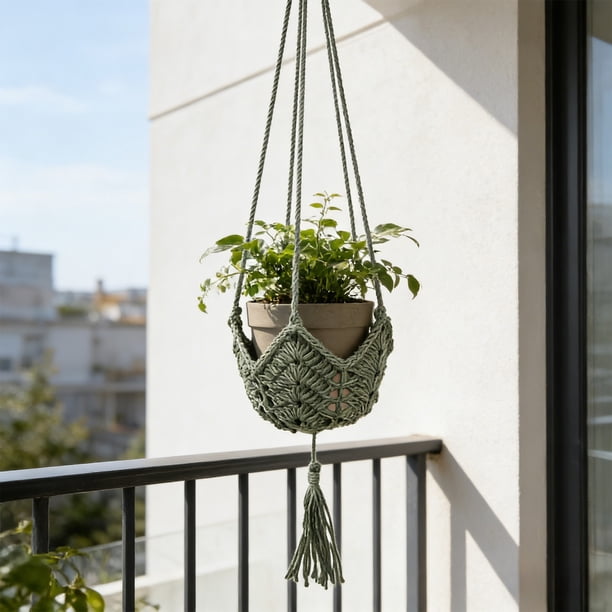 Cesta colgante tejida | Soporte de malla para plantas con cordón | Macetero de macramé hecho a mano para uso interior y exterior | Soporte para macetas para la decoración de la sala de estar