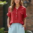 thumbnail image 4 of Ashirexll Tops for Women Trendy, Linen V-Neck Pullover Button Short Sleeve Top for Spring Summer, 4 of 6