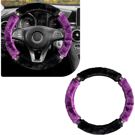 15 Inch Diamond Fluffy Steering Wheel Cover Bling Crystal Rhinestones Steering Wheel Protector for Women Car Accessories Winter Warm Universal Steering Wheel Pad, Purple