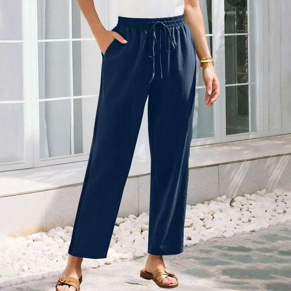 Summer Savings Clearance!Staron Womens Linen Pants Casual Lightweight Drawstring Elastic Waist Pants with Pockets Wide Leg Long Lounge Pant Trousers Beach Vacation Clothes
