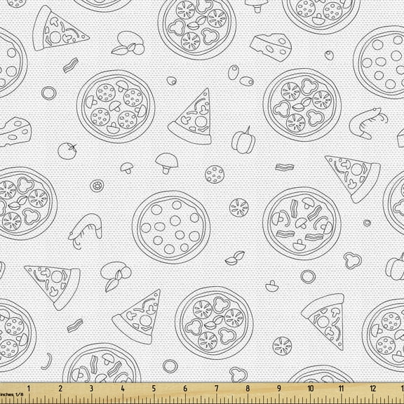 Italy Upholstery Fabric by the Yard, Hand Drawn Like Monochrome Simplistic Mixed Style Pizzas and Ingredients, Decorative Fabric for DIY and Home Accents, 1 Yard, White and Charcoal Grey by Ambesonne