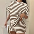 thumbnail image 2 of Morttic Women's Summer Casual Waffle Knit Stripe 2 Piece Set – Crew Neck Short Sleeve Top & High Waist Shorts Lounge Outfit Brown，XXL, 2 of 6