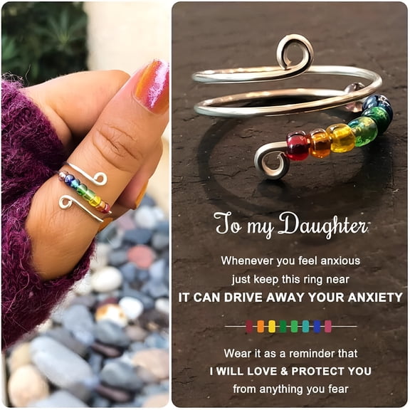 DESIGNICE To My Daughter Fidget Ring for Anxiety, Fidget Rings for Anxiety for Women, Adjustable Stacking Anxiety Relief Rainbow Fidget Ring Jewelry Gifts (Rainbow)