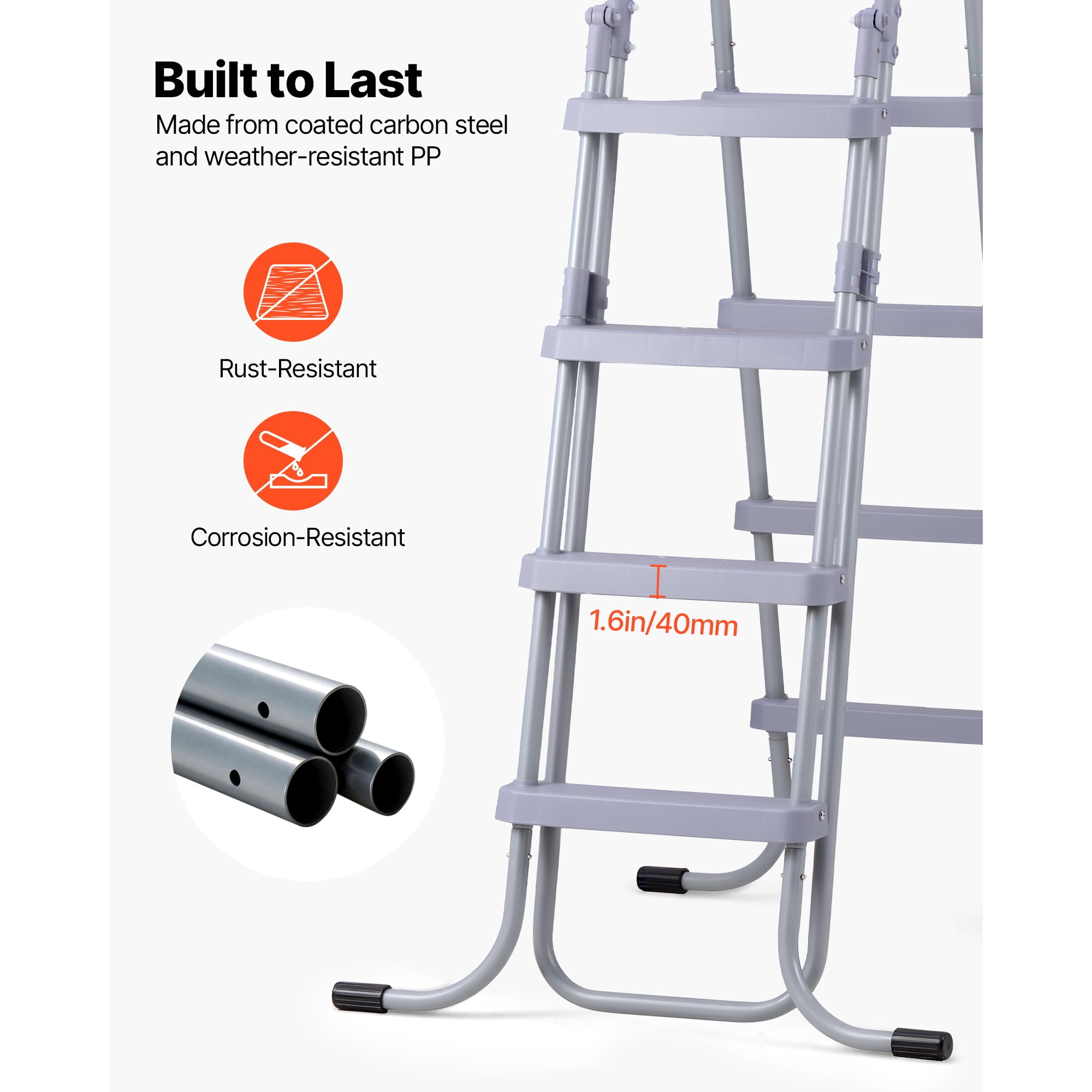 KFFKFF 4-Step Steel A-Frame Pool Ladder, Designed for Above-Ground Pools with 52-Inch Walls, 300 lbs Weight Capacity, Non-Slip Wide Steps for Safe Entry and Exit, Easy to Assemble, Outdoor Use, Gray