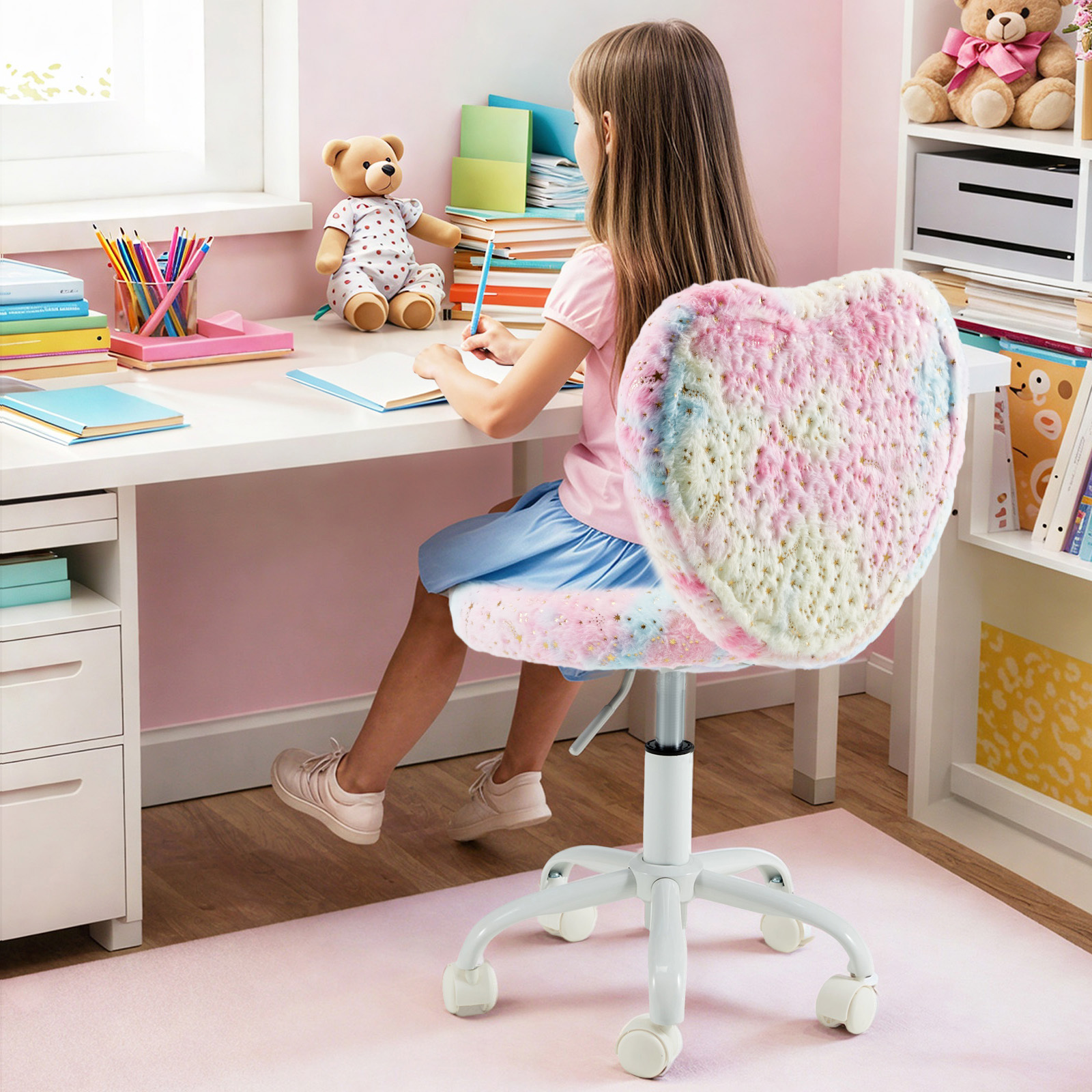 Vicluke Kids Desk Chair with Wheels Adorable Fluffy Girls Desk Chair with Heart-Shaped Backrest Design Adjustable Seat Height for Bedrooms & Study Rooms, Colorful