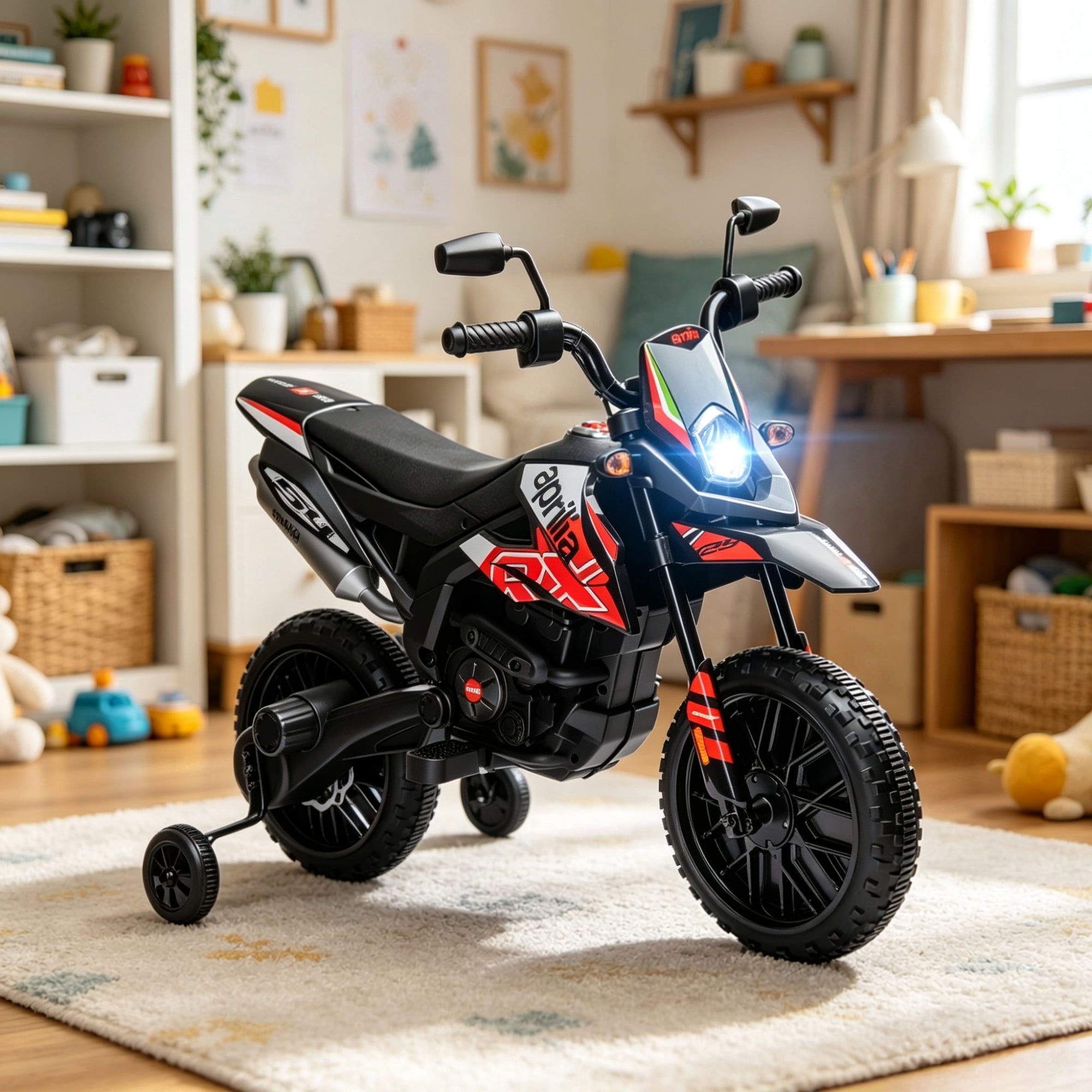 Red Kids Motorcycle Toy with Training Wheels Spring Suspension LED Light USB Music Feature for Children