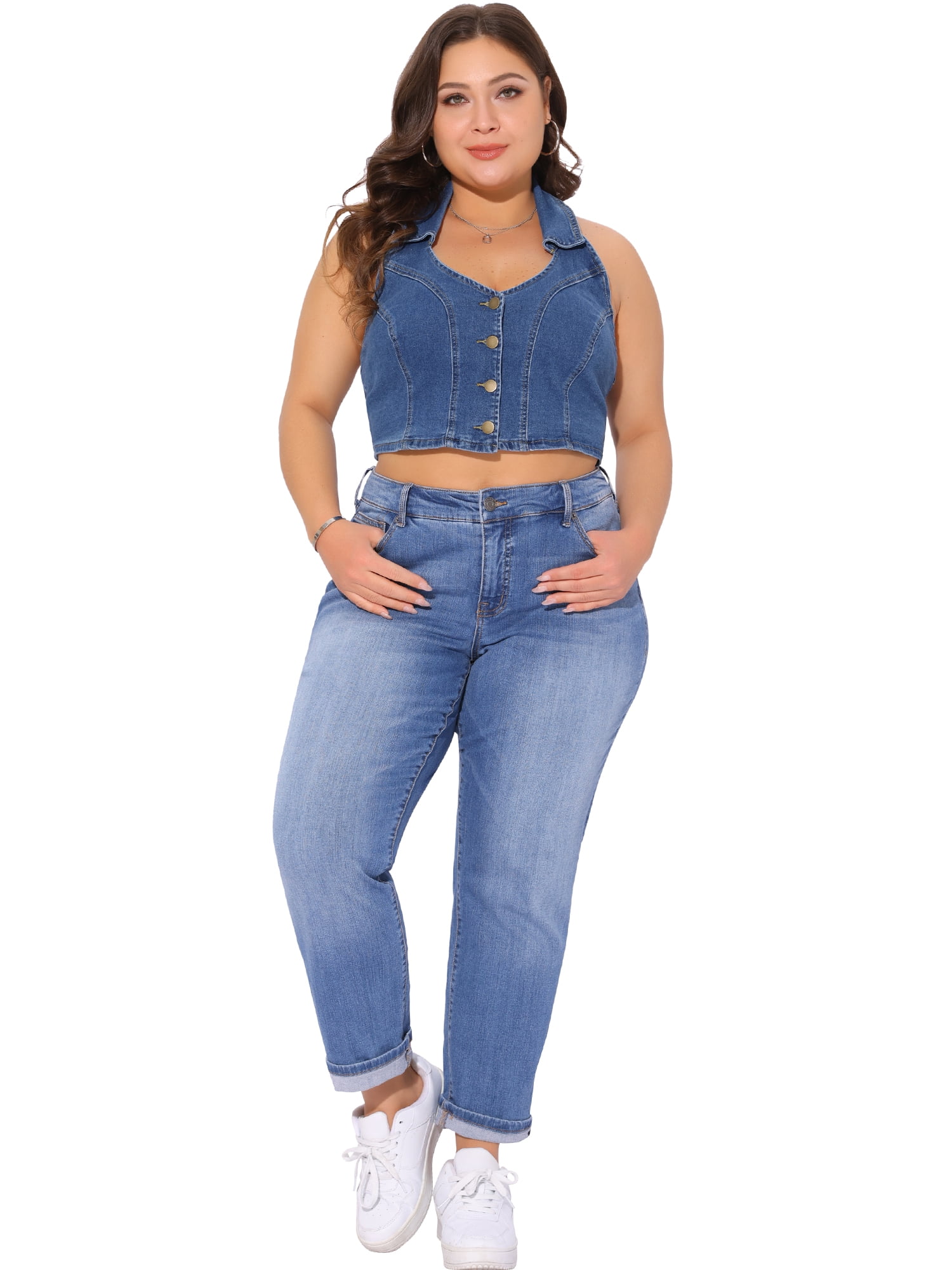 DARING DIVA Women's Plus Denim Vest V Neck Casual Jean Jacket 2X Blue